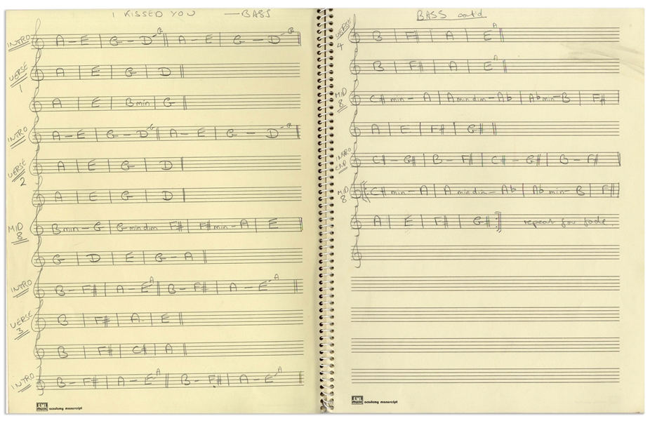 Handwritten Music for The Who's #1 Hit ''You Better You Bet'', Penned by Bass Guitarist John Entwistle